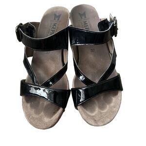 MEPHISTO STRAPPY CRYSTAL SANDALS BLACK PATENT LEATHER WEDGE‎ HEELS 37
